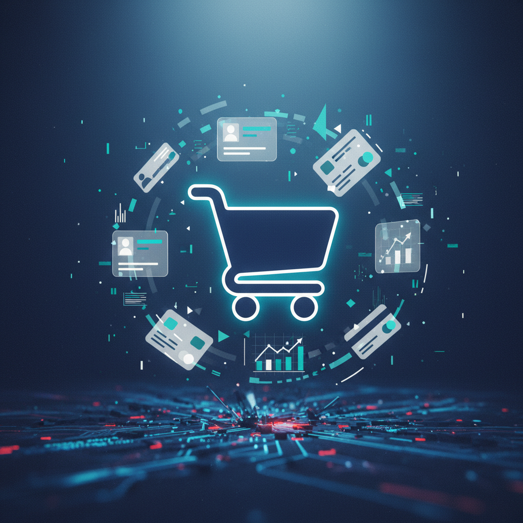 Digital illustrasjon av handlekurv omgitt av flytende persondata og kredittinformasjon