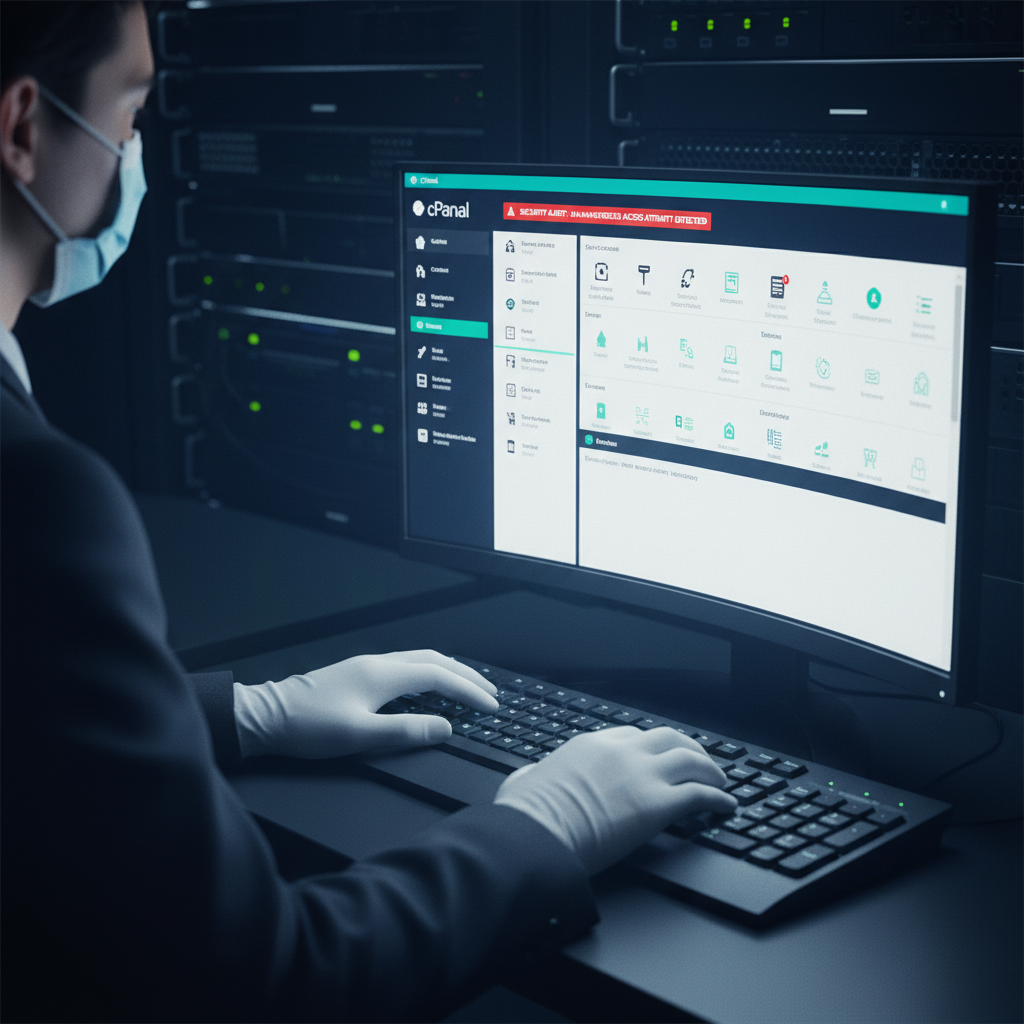 Administrator ved server med cPanel-grensesnitt og rød sikkerhetsvarsel synlig på skjermen