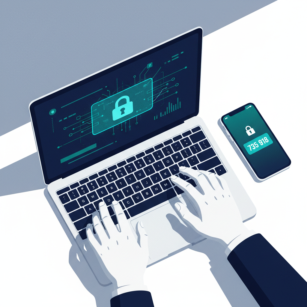 Person skriver på laptop med sikkerhetsvarsel på skjerm og telefon med autentiseringskode ved siden av tastatur