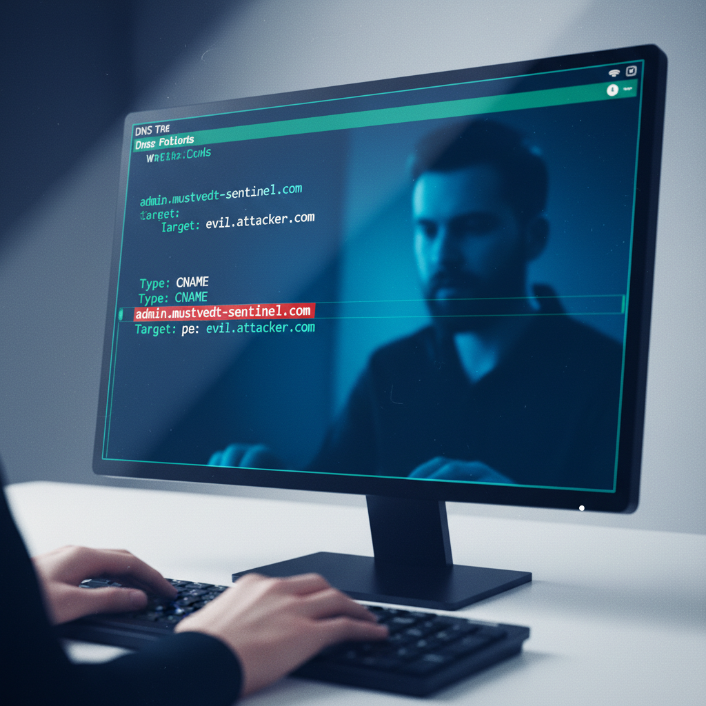 Terminal-skjerm som viser DNS CNAME-records med en oppføring markert i rødt advarsel, hendene på tastatur i bakgrunnen