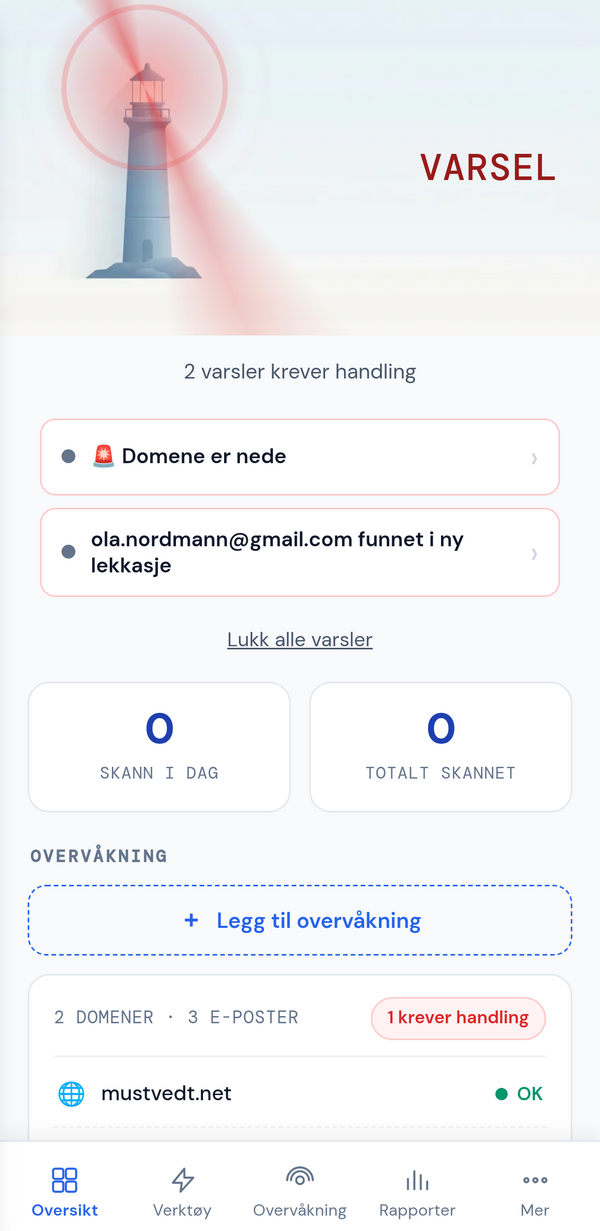 Skjermbilde av Mustvedt Sentinel-appen på mobil